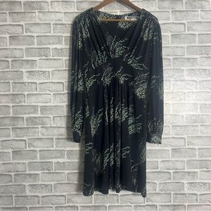 Vicky Tiel V Neck Long Sleeve Gathered Waist Stretch Abstract Print Midi Dress S